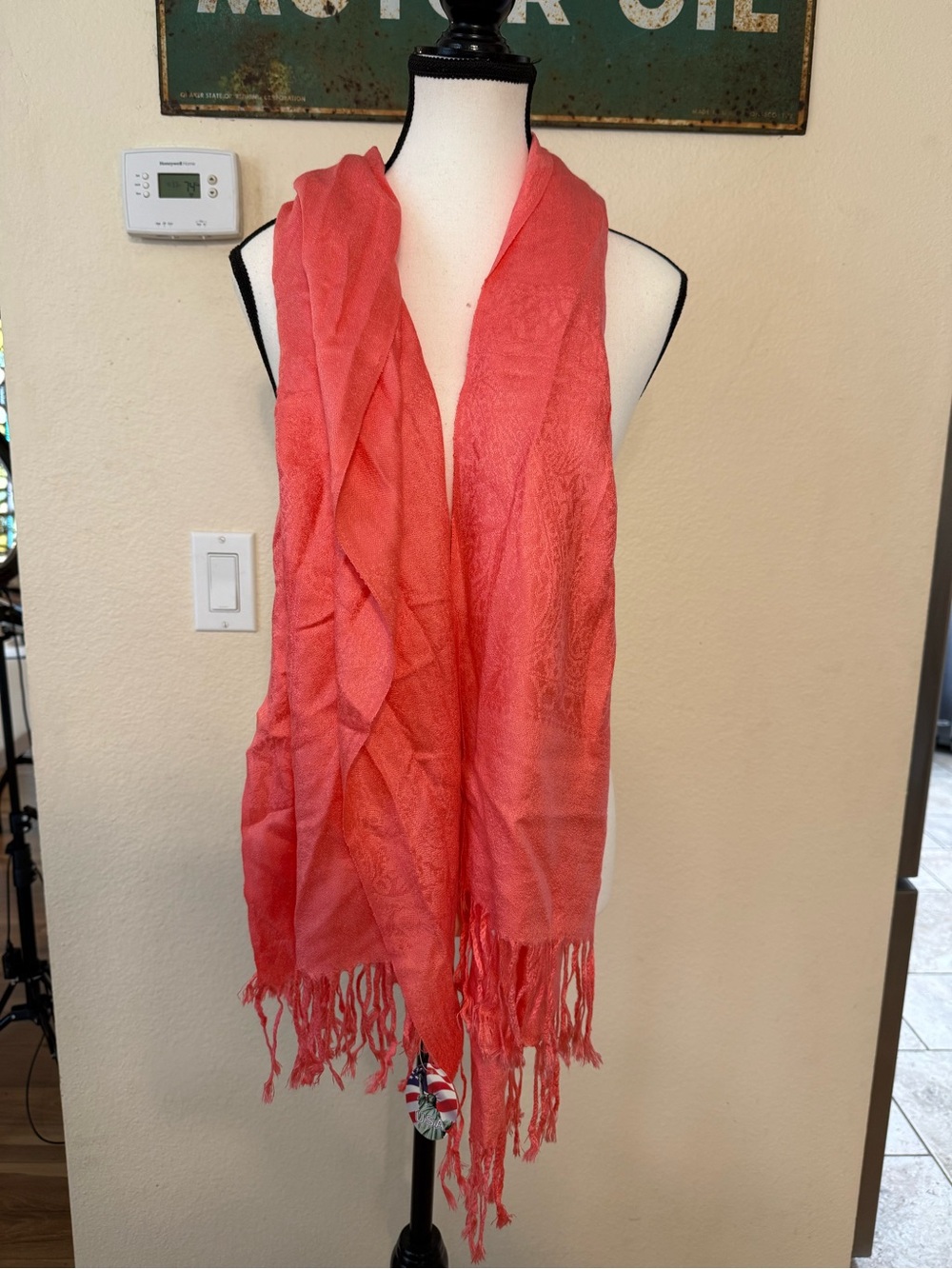 100% Pashmina Coral Wrap Large Cashmere Silk Shawl Scarf Tassels Made In USA